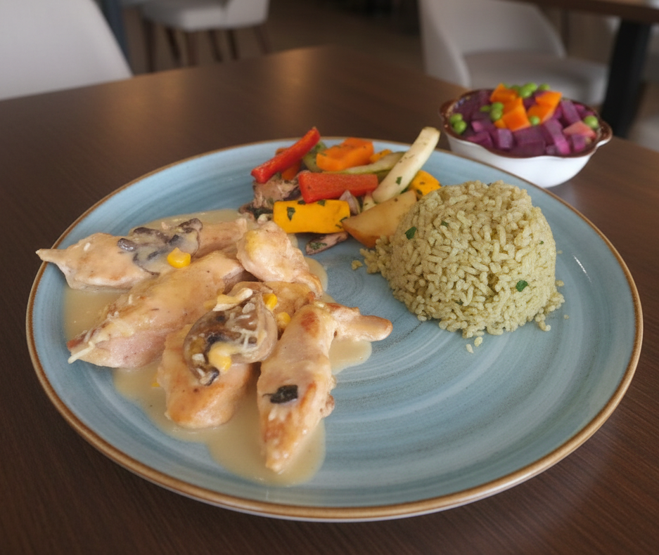 Pollo en salsa de choclo y champiñon